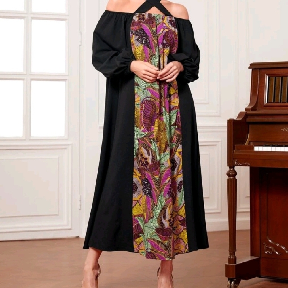 Elegant Black and Multicolor Off-Shoulder Dress
